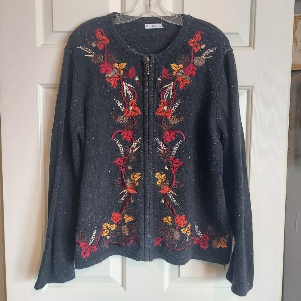Croft & Barrow Womens Grey Embroidered Fall Leaf Zip Up Cardigan Sweater XL